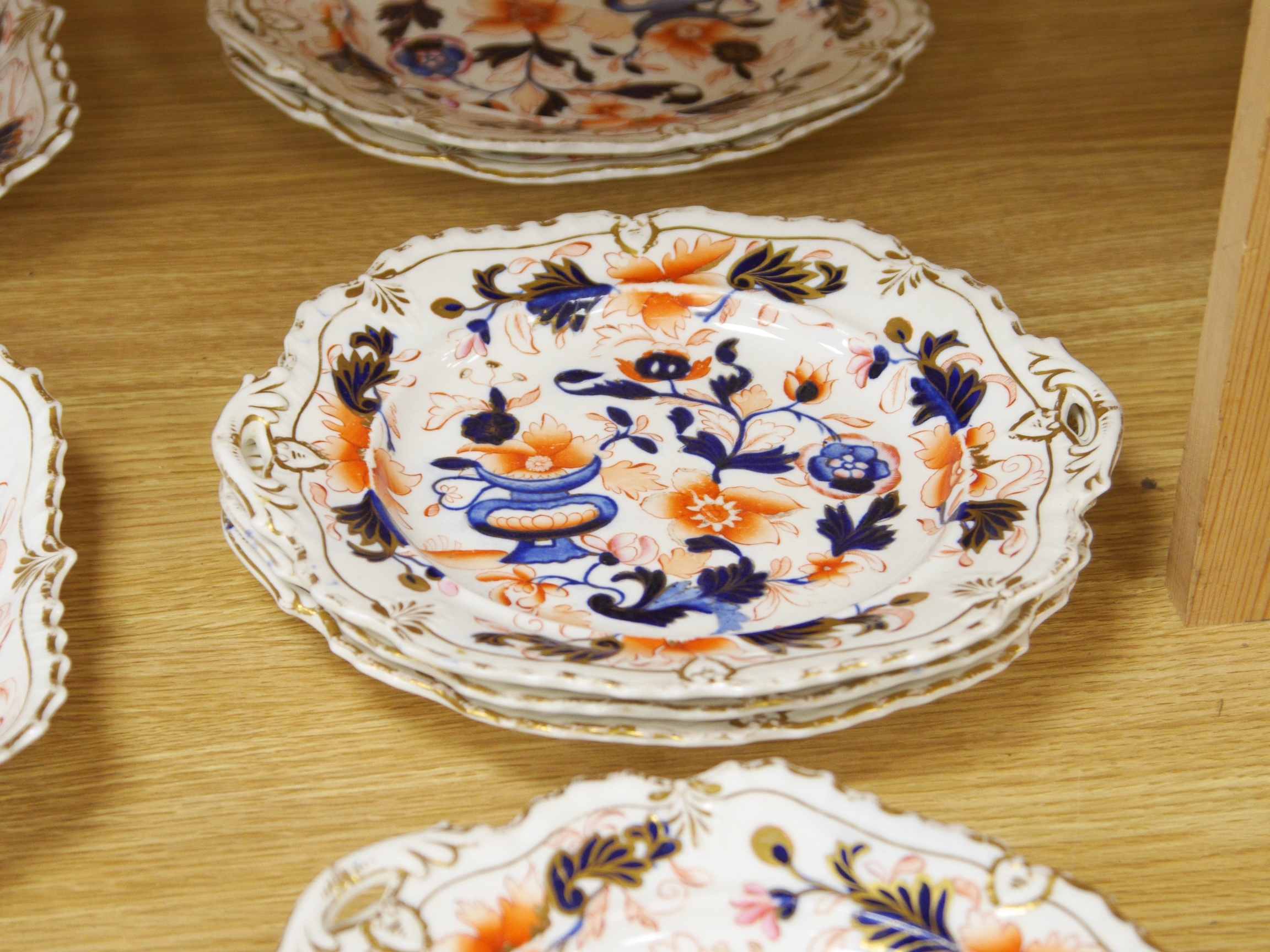 An early 19th century English porcelain Imari pattern part dessert set, possibly Coalport, Condition - fair to good